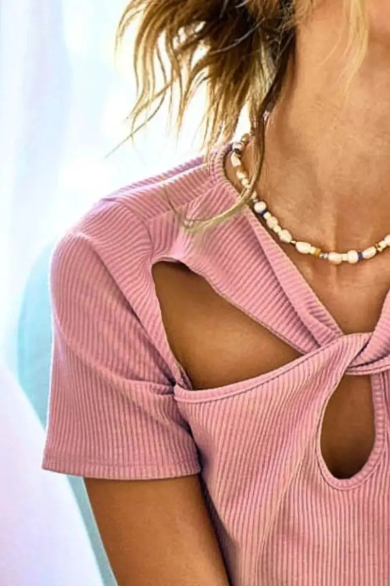 BiBi Rib Knit with Cut Out and Front Twist Detailed Top - Love Salve